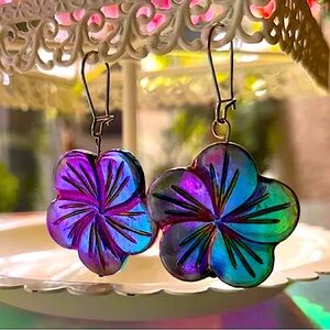 Handmade Iridescent Flower Dangly Earrings